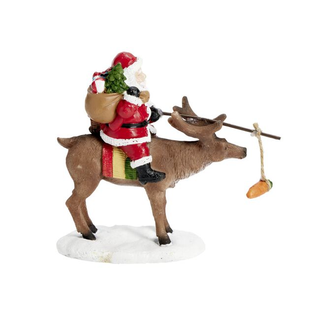 Sujet P&egrave;re No&euml;l avec renne en polyr&eacute;sine 11x5xH10cm