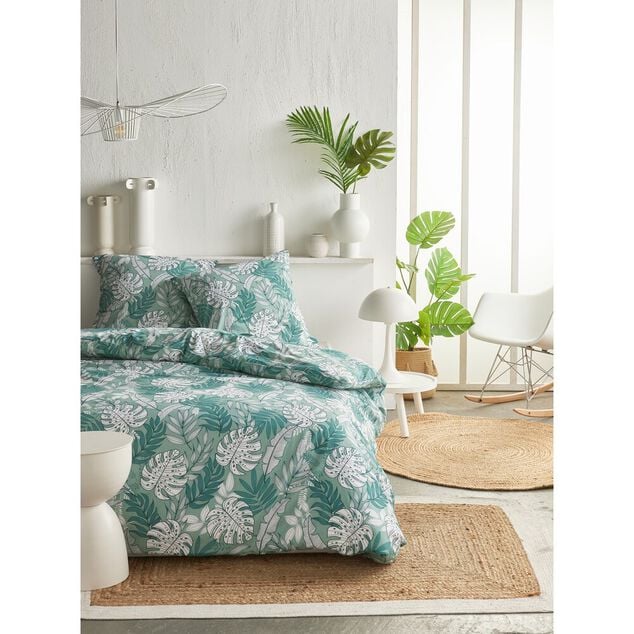 Parure de lit 2 personnes 220x240cm motif feuillage exotique vert et blanc