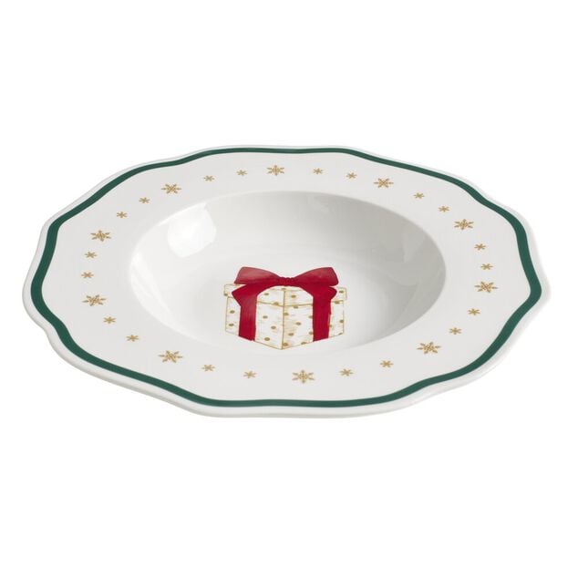 Assiette creuse imprim&eacute; boule de No&euml;l contour vague bleu fa&iuml;ence &Oslash;22 cm