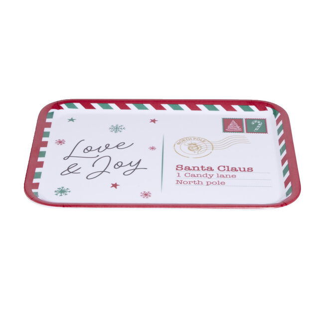 Plateau de service rectangulaire No&euml;l m&eacute;lamin&eacute; motif carte postale 19x37,5cm