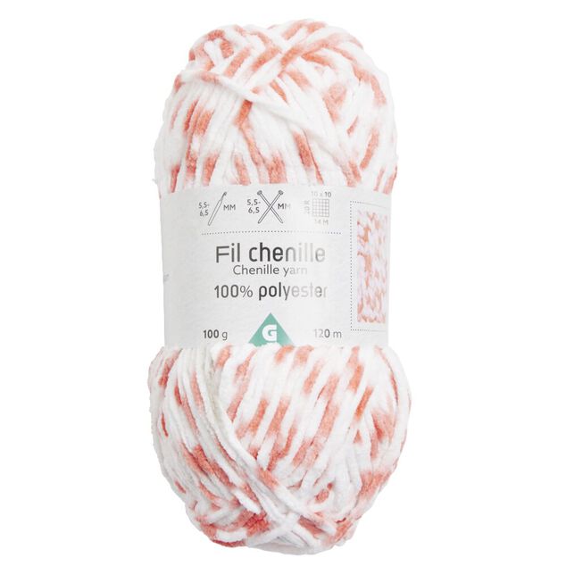 Pelote de fil &agrave; tricoter chenille blanc et orange 120m
