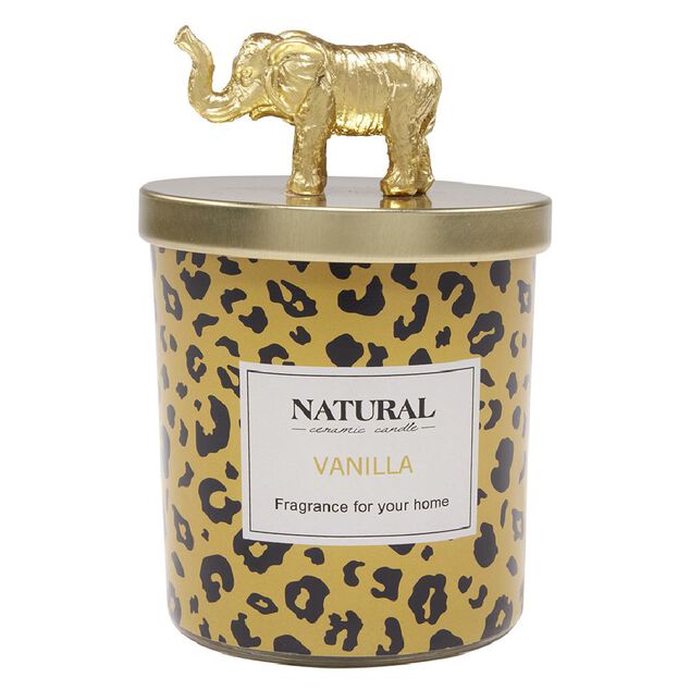 Bougie parfum&eacute;e couvercle animal jungle dor&eacute; &Oslash;8xH12cm