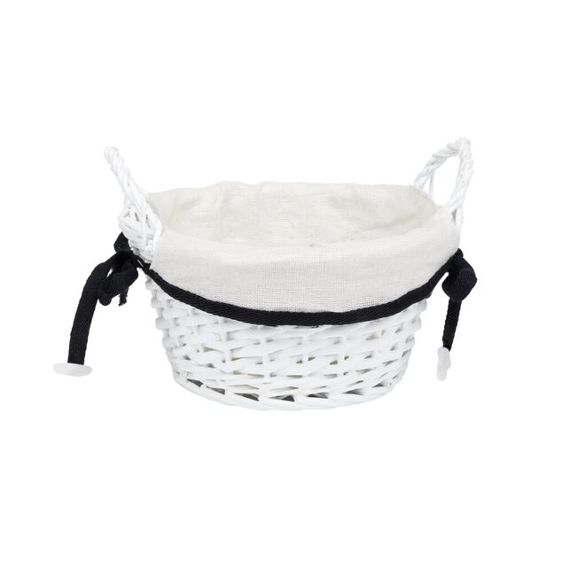 Pani&egrave;re ronde en bois tress&eacute; doublure tissu blanc noeud noir &Oslash;20xH10cm