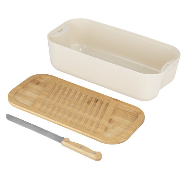 Bo&icirc;te &agrave; pain 6L plastique blanc planche bambou avec couteau et sac tissu coton