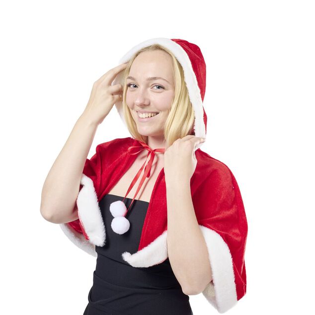 Cape de No&euml;l &agrave; capuche velours finition fourrure rouge et blanc taille unique