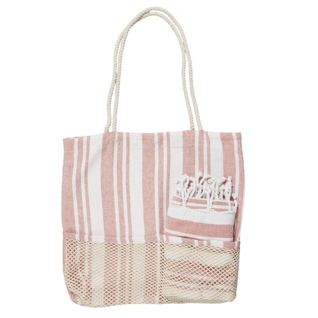 Sac de plage avec fouta &agrave; rayures 90x170cm (2 mod&egrave;les bleu ou rose)