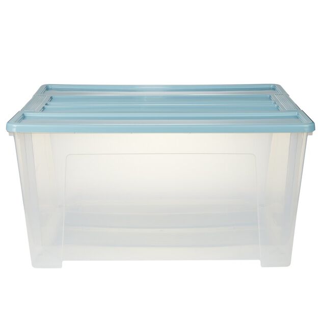 Bo&icirc;te de rangement 150L plastique transparent couvercle bleu 78,5x59xH40,5cm