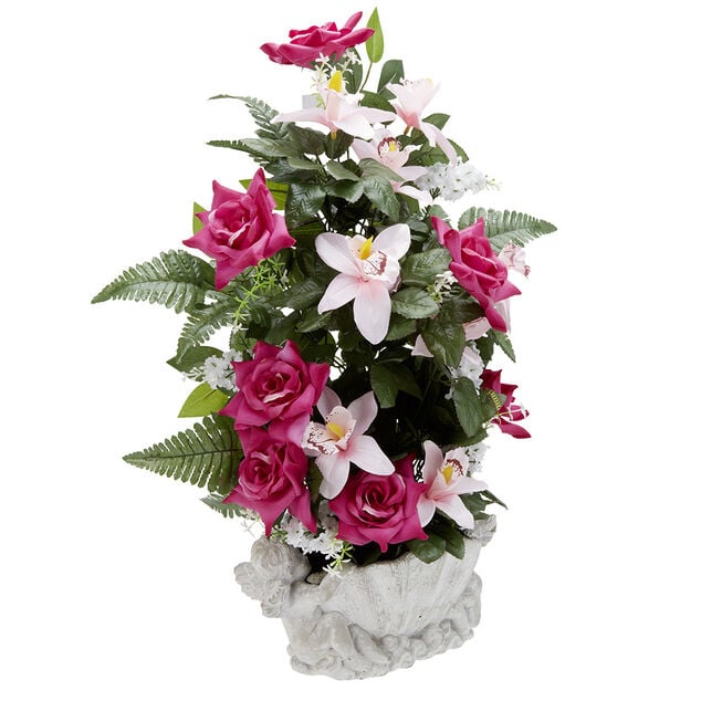 Coquillage en ciment statuette ange fleur artificielle violet et blanc