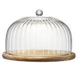 Plateau de pr&eacute;sentation rond en bois sous cloche en verre &Oslash;25xH15cm