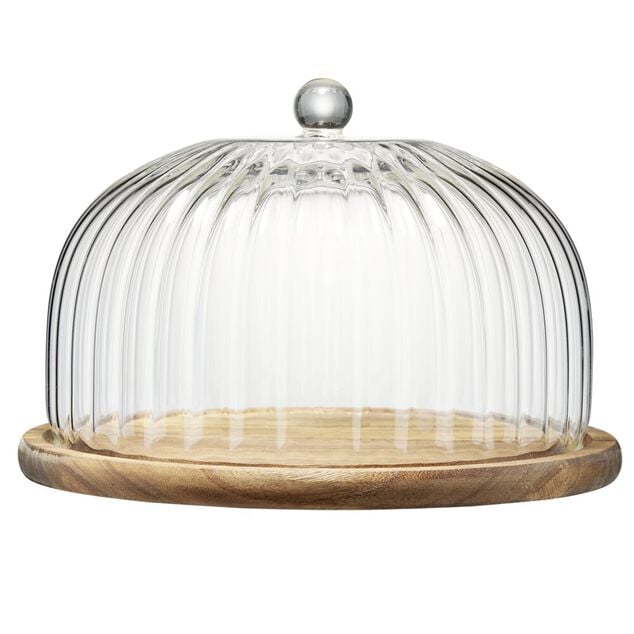 Plateau de pr&eacute;sentation rond en bois sous cloche en verre &Oslash;25xH15cm
