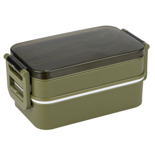 Bo&icirc;te d&eacute;jeuner rectangulaire plastique 2 niveaux et couverts 18x10xH8,5cm (2 mod&egrave;les)