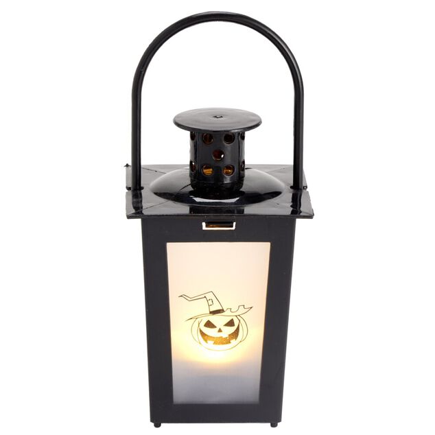 Lanterne Halloween LED d&eacute;cor citrouille plastique noir 7,5x7,5xH15,5cm (2 mod&egrave;les)