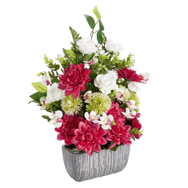 Composition florale artificielle multifleur rouge vase ciment L50xH60cm