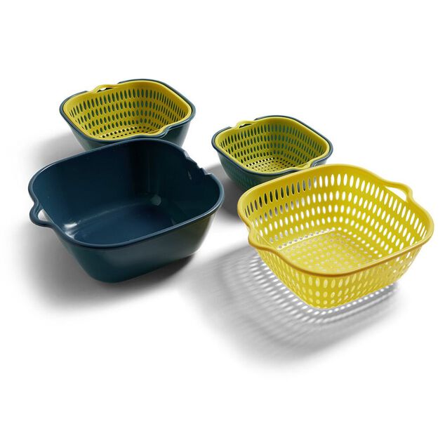 Lot de 3 passoires cuvettes carr&eacute;es bleues et jaunes