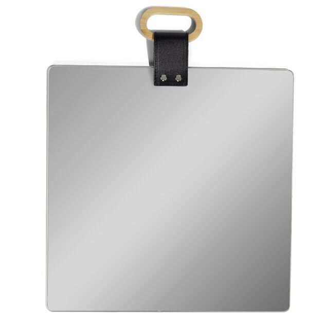 Miroir carr&eacute; avec poign&eacute;e simili et bois 35x35cm