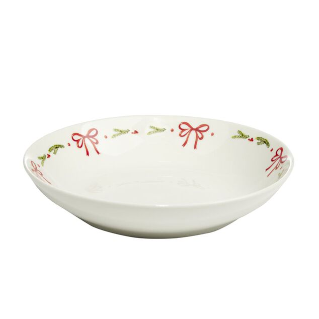 Assiette &agrave; soupe c&eacute;ramique blanche bord noeuds rouges &Oslash;17,5cm