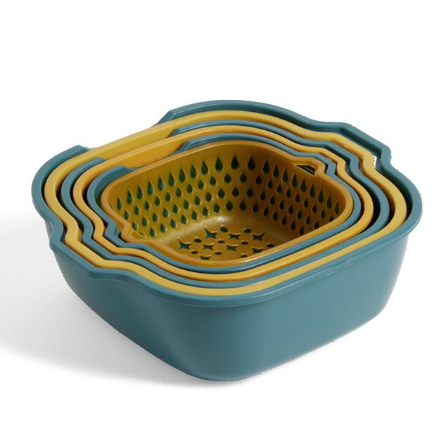 Lot de 3 passoires cuvettes carr&eacute;es bleues et jaunes