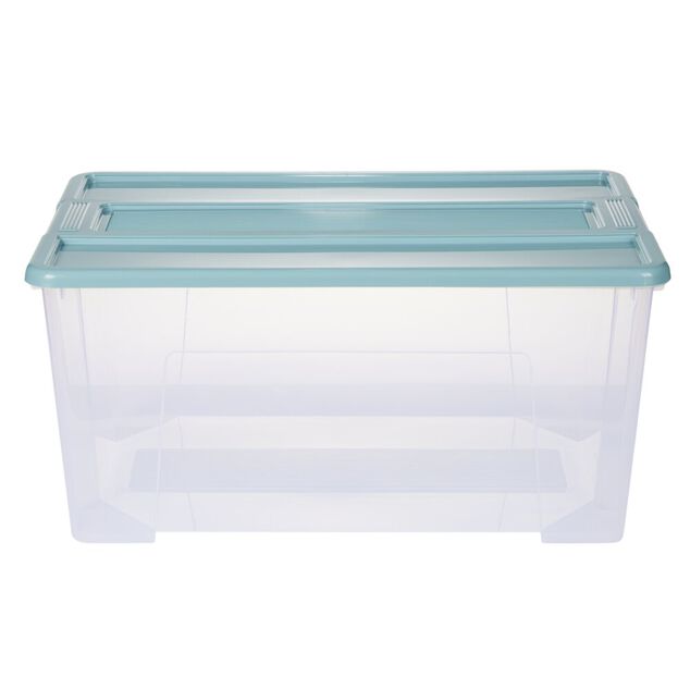 Bo&icirc;te de rangement 48L plastique transparent couvercle bleu 57x38xH27cm