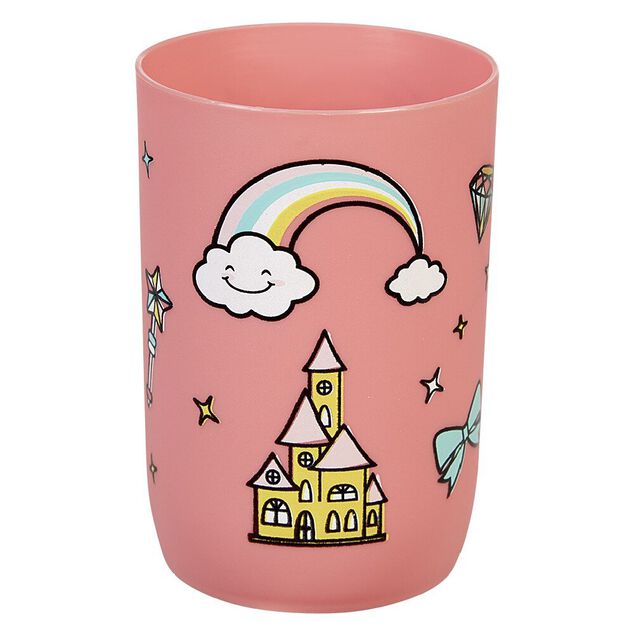 Gobelet salle de bain enfant rose motif ch&acirc;teau arc-en-ciel