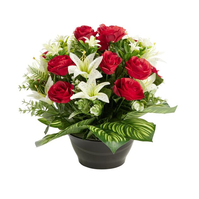 Composition florale artificielle roses rouges lys eucalyptus vasque &Oslash;38xH35cm