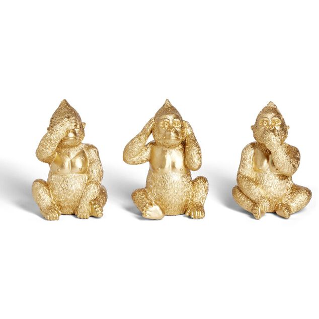 Lot de 3 statues gorille plastique dor&eacute; L9x8xH13cm