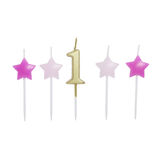 Bougie anniversaire chiffre 1 doré avec bougies étoiles roses