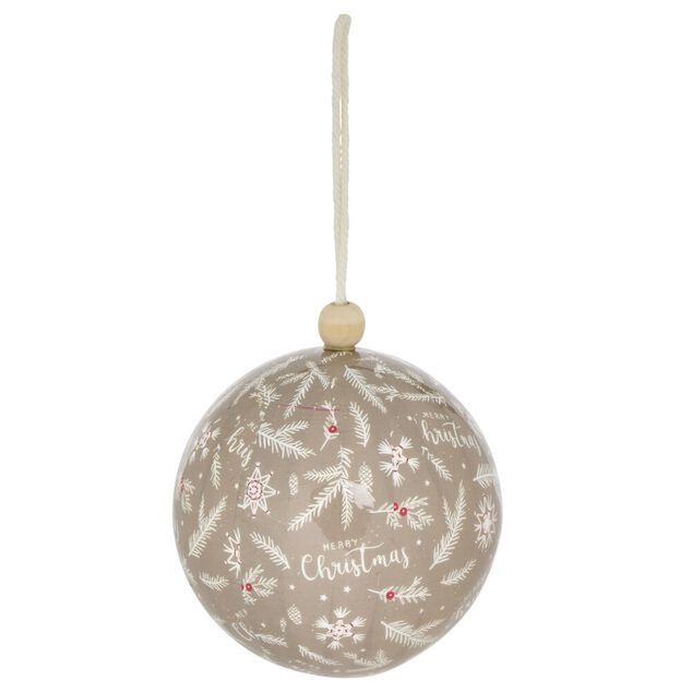 Boule de No&euml;l motif branche sapin et flocon beige &Oslash;12cm