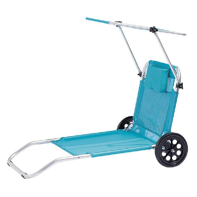 Chaise de plage avec pare-soleil 2 roulettes bleu
