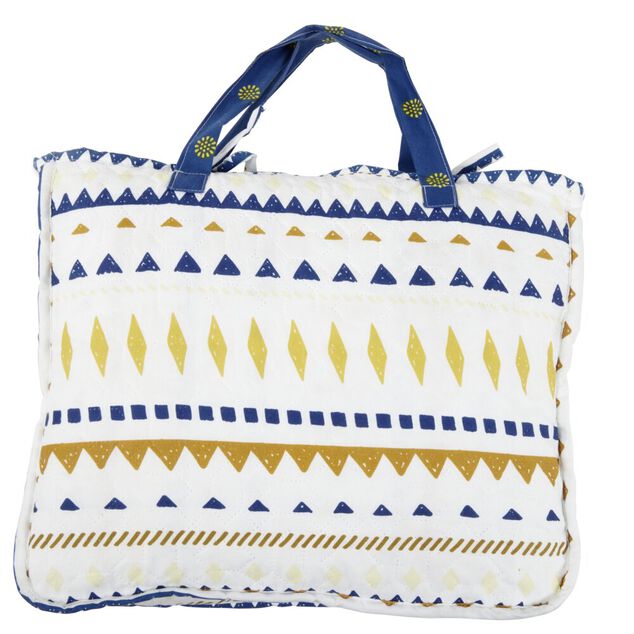 Couvre lit r&eacute;versible imprim&eacute; ethnique bleu et blanc 240x220cm