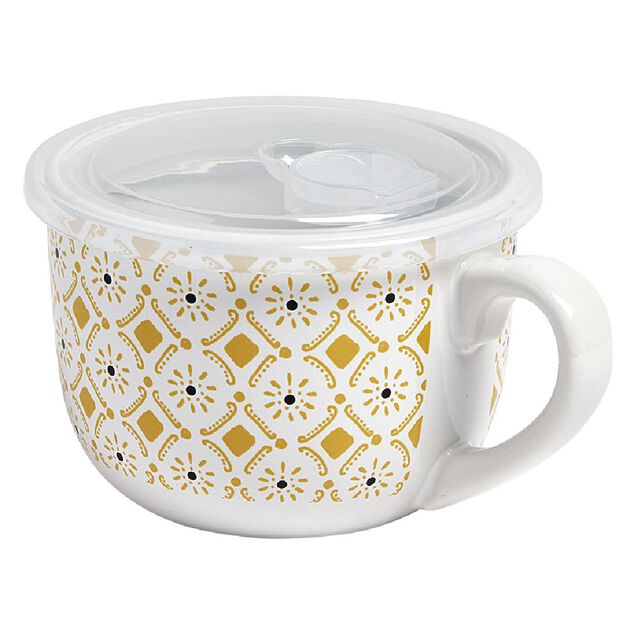 Bol jumbo couvercle transparent motif ethnique blanc et jaune Ø12.5xH9cm