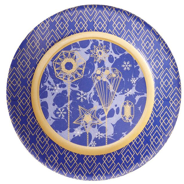 Lot de 10 assiettes jetables en carton bleu motif dor&eacute;