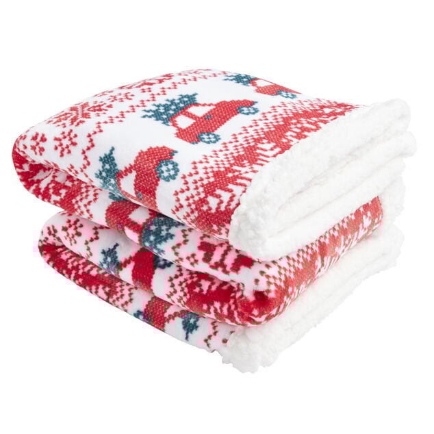 Plaid sherpa No&euml;l motif traditionnel voiture rouge et blanc 120x150cm