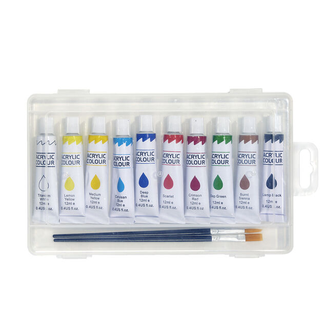 Boîte peinture acrylique 10 tubes 16ml avec 2 pinceaux