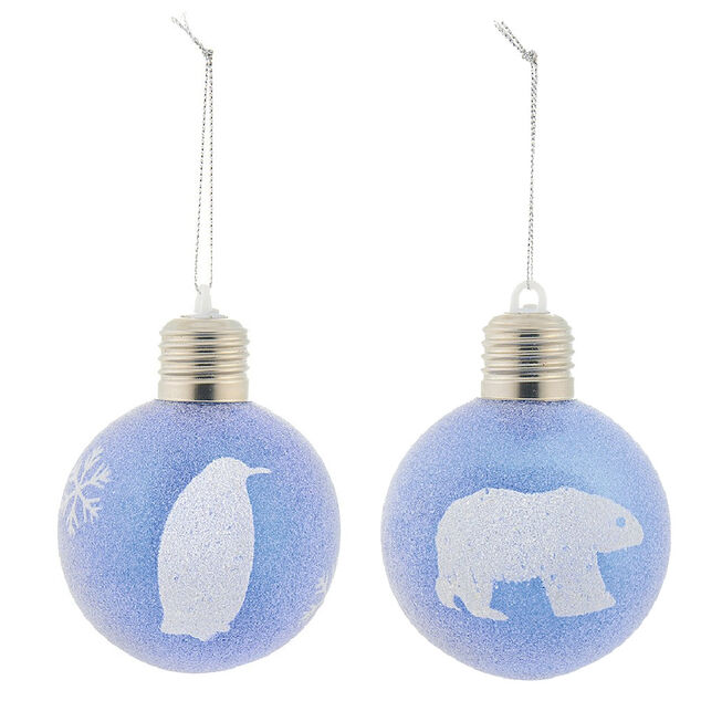 Boule de No&euml;l design hiver flocon pingouin ours bleu et blanc x2
