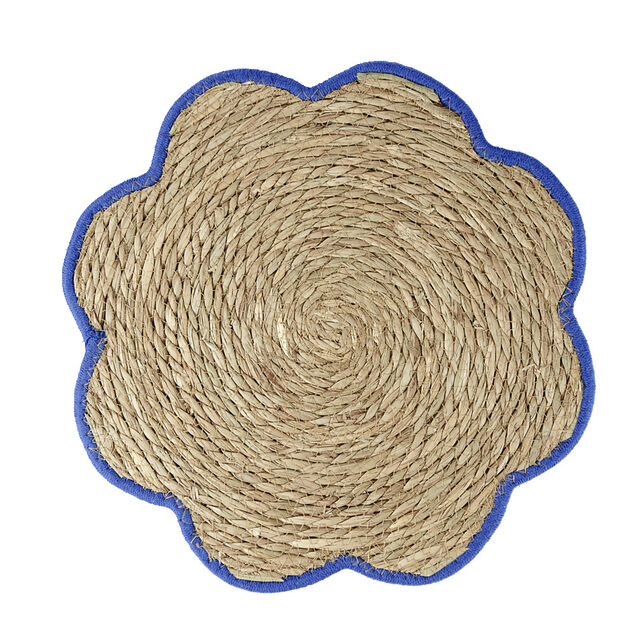 Set de table jonc de mer tress&eacute; et coton forme fleur contour bleu &Oslash;38cm