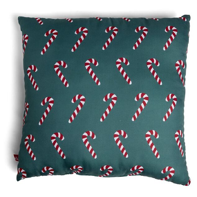 Coussin carr&eacute; vert motif sucre d'orge rouge et blanc 40x40cm