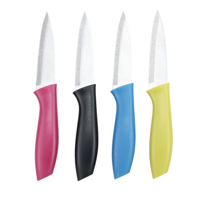 Couteau de cuisine x4 lame inox manche plastique color&eacute; et &eacute;tuis L19,5cm