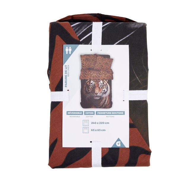 Parure de lit 2 personnes 240x220cm coton motif tigre noir et marron