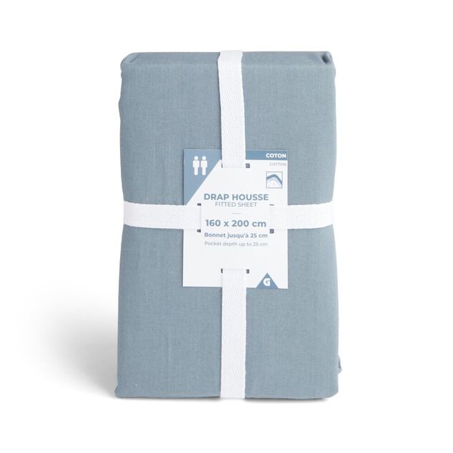 Drap housse 160x200cm 100% coton bleu chin&eacute;