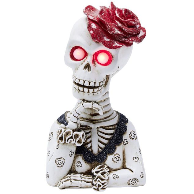 Squelette lady Halloween LED polyr&eacute;sine noir et blanc avec rose rouge