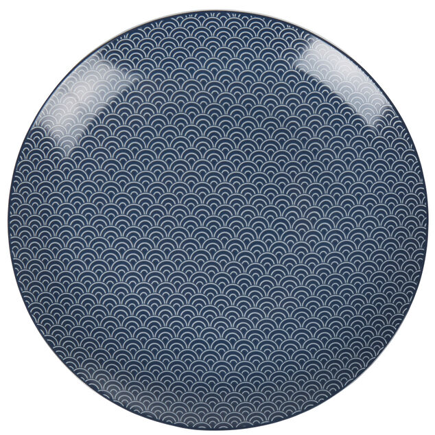 Assiette plate bleu fonc&eacute; motif vague seigaiha &Oslash;26.5cm