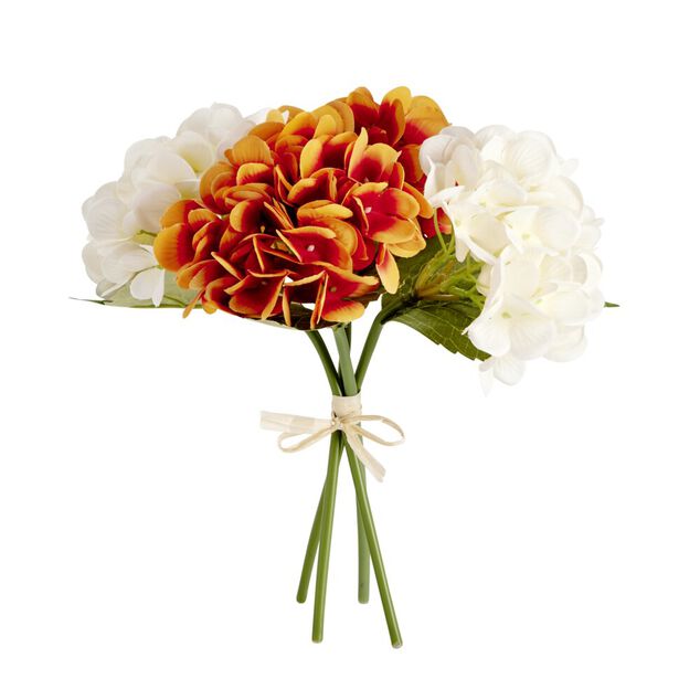 Fleur artificielle piquet hortensia orange et blanc 4 t&ecirc;tes