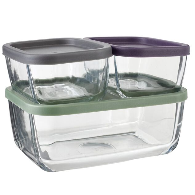 Bo&icirc;te alimentaire x3 verre rectangulaire avec couvercles plastique multicolore 0,4L et 1,17L