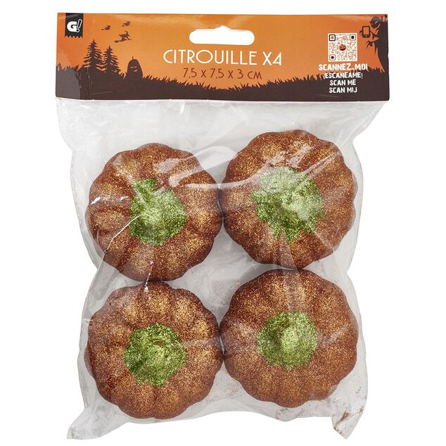 Citrouille paillet&eacute;e orange et vert Halloween x4