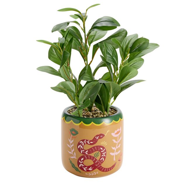 Plante verte artificielle dans pot c&eacute;ramique Indie &agrave; motifs &Oslash;14xH25cm (2 mod&egrave;les)