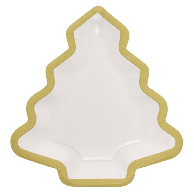 Lot de 10 assiettes carton Sapin blanc avec liser&eacute; dor&eacute;