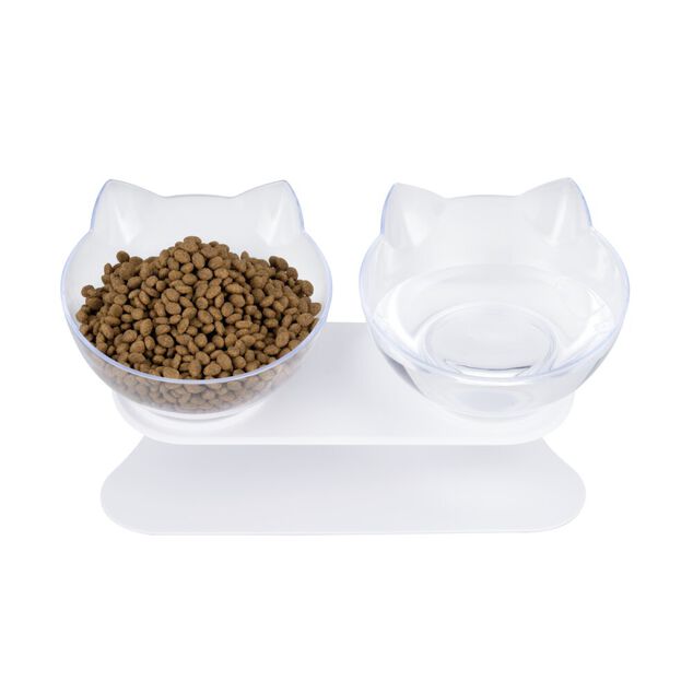 Gamelle double pour chat 350ml plastique transparent avec support 25x15xH13cm