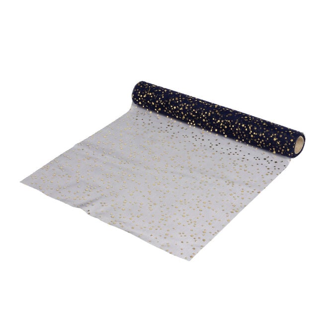 Chemin de table tulle bleu motif &eacute;toile dor&eacute;e 3m