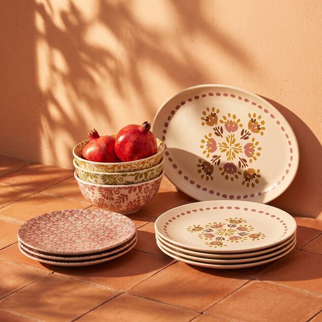 Assiette &agrave; dessert x4 ronde Indie fa&iuml;ence terracotta motif floral blanc &Oslash;20cm