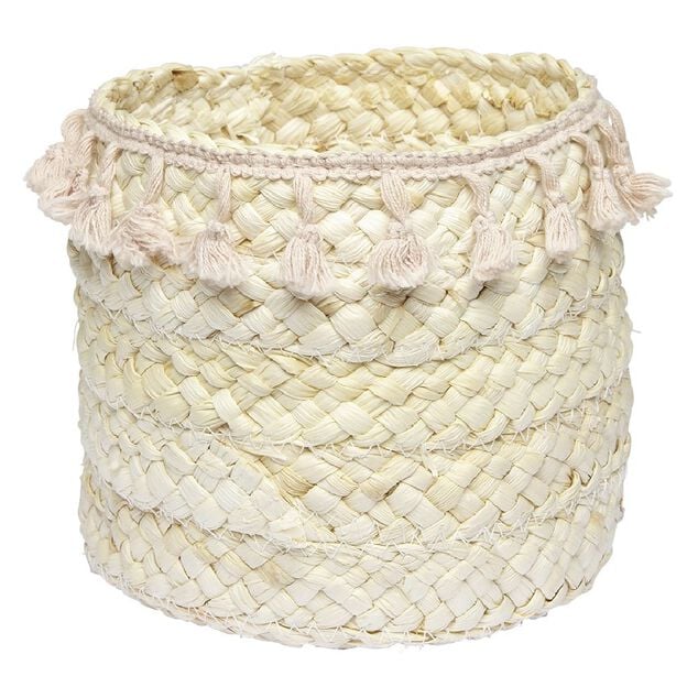 Pani&egrave;re ronde en jonc naturel avec pompons rose &Oslash;19 cm